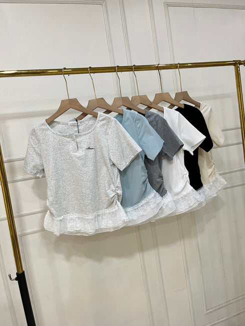 Women Round Neck Lacey Detail Button Down Tops